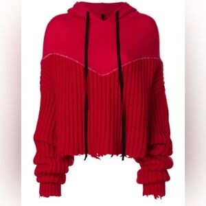 Ben Taverniti Unravel Project Red Cropped Ribbed Wool & Cashmere Hoodie. Size S